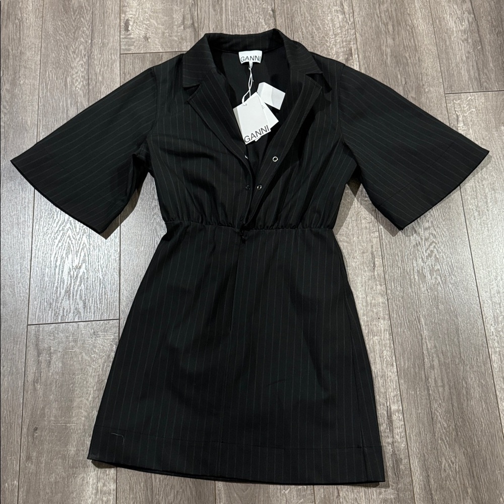 NWT GANNI +NET SUSTAIN pinstriped recycled-twill mini dress size 36 (small) - Picture 4 of 7